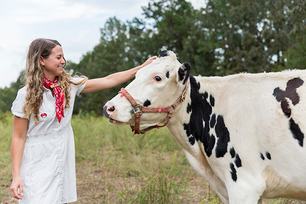 Woman petting cow at Dogwood Hills Farm