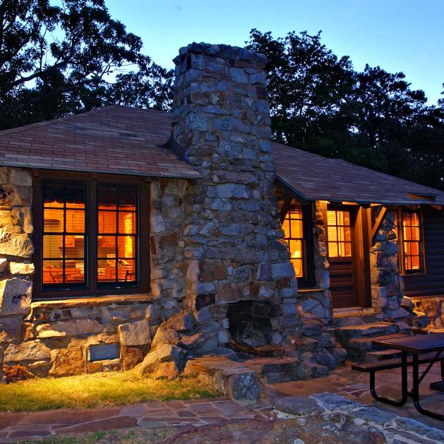 The exterior of a stone cabin at Mount Nebo State Park